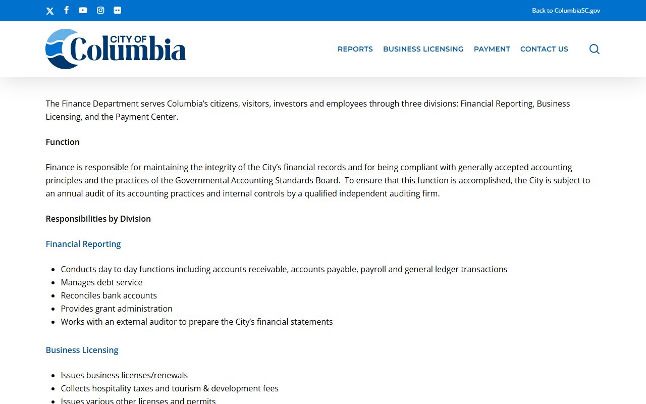 Columbia City Finance Department property tax records portal