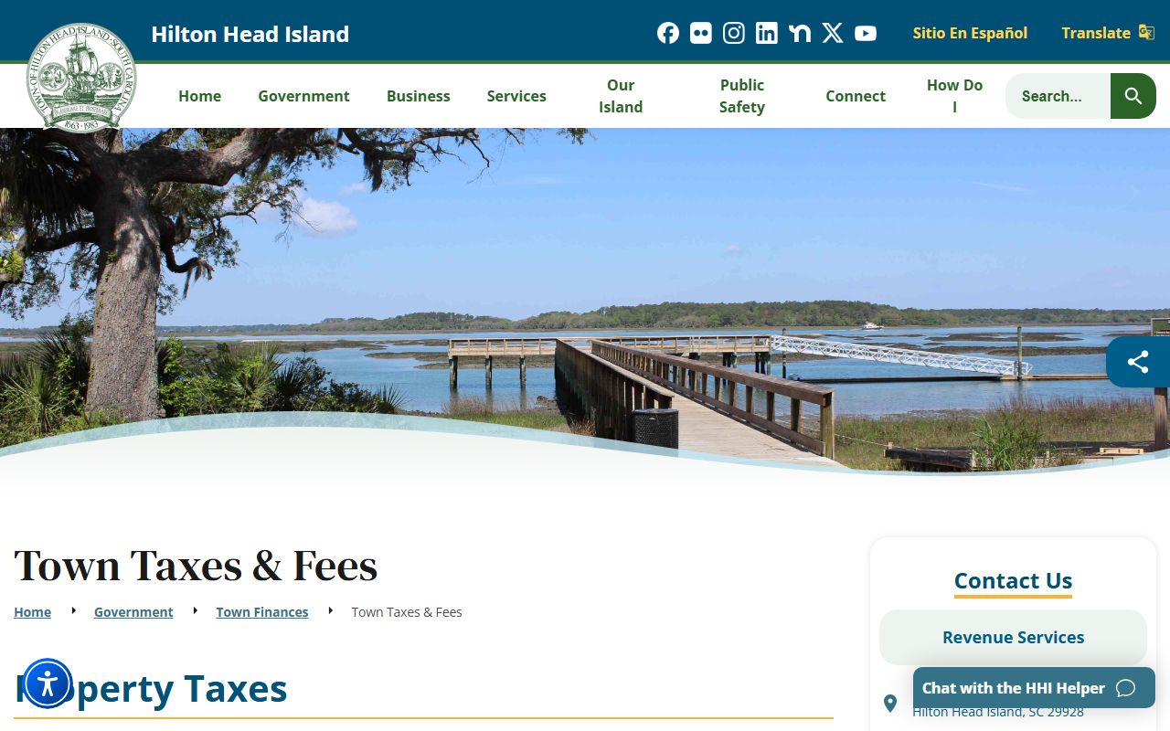 Hilton Head Island official finance and tax page showing property tax records and local tax information