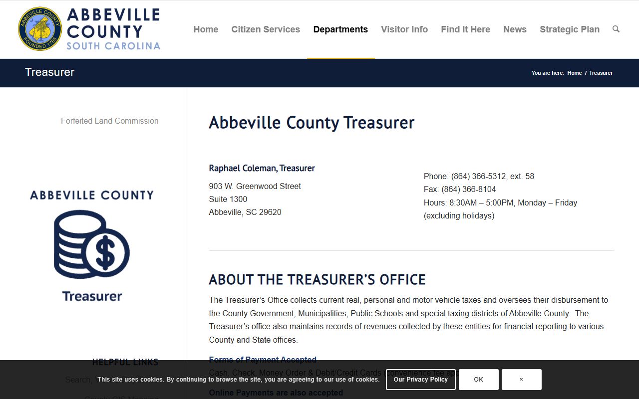 Abbeville County Treasurer website for property tax payments