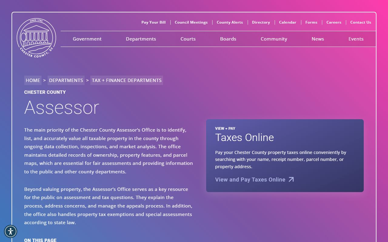 Chester County Assessor website for property tax records