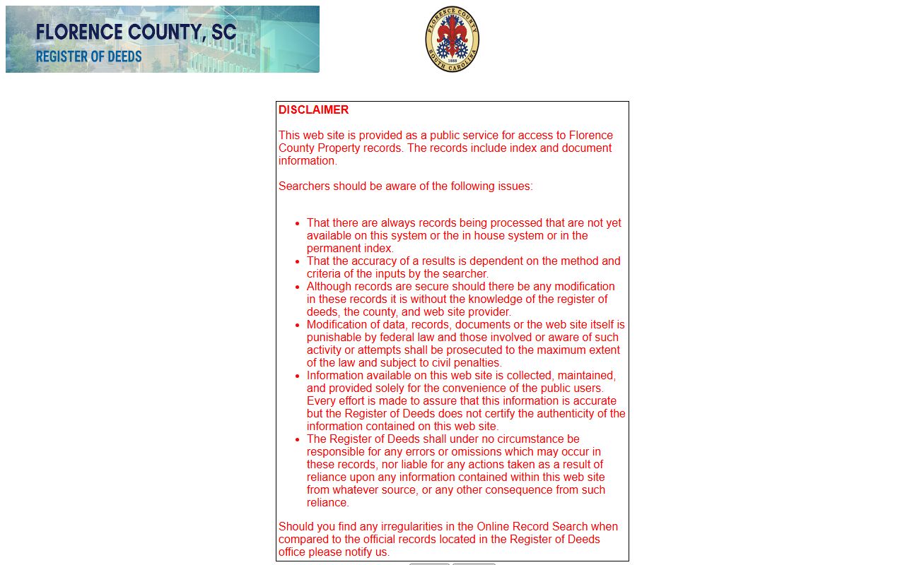 Florence County Register of Deeds property records database