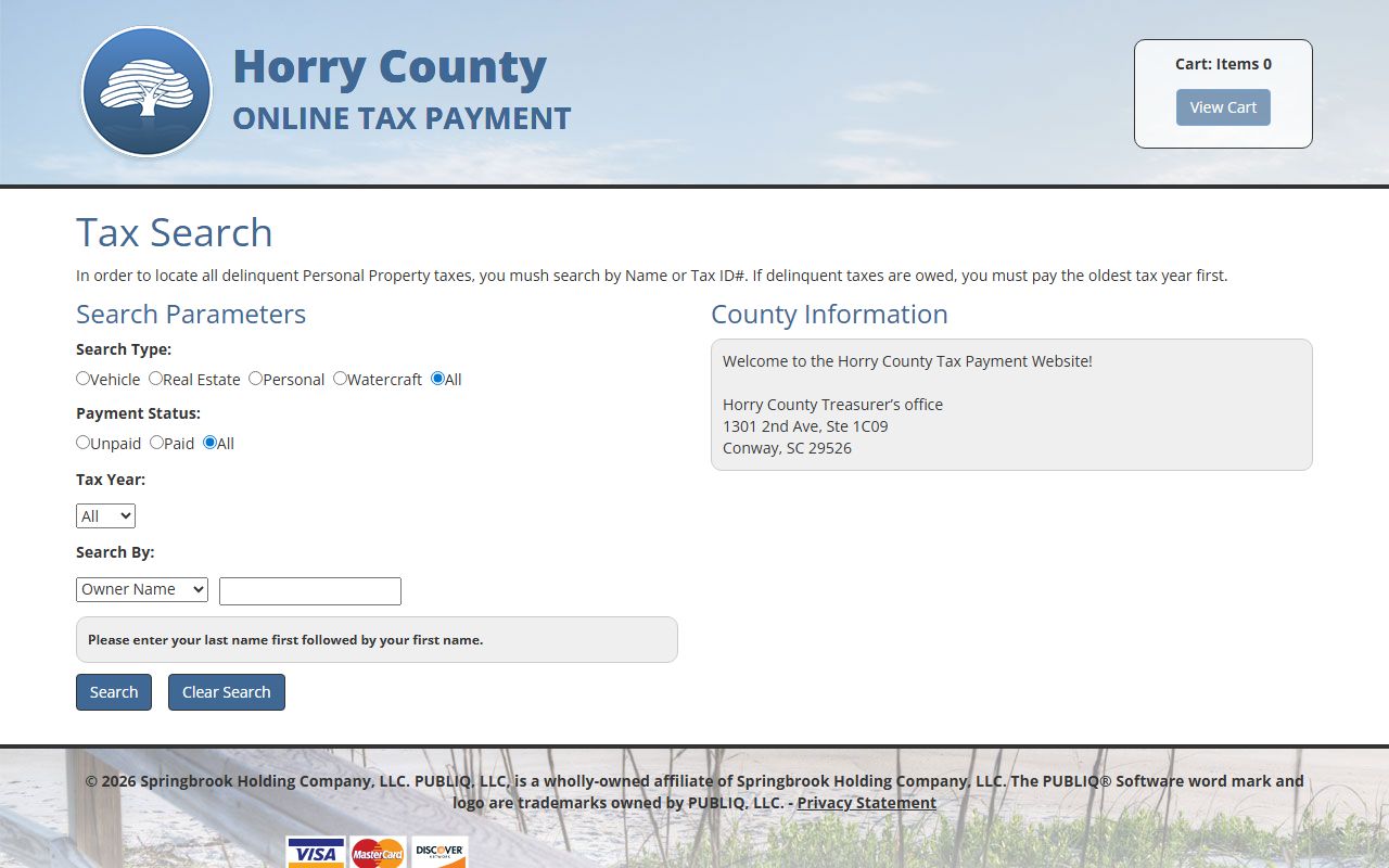 Horry County property tax payment portal records