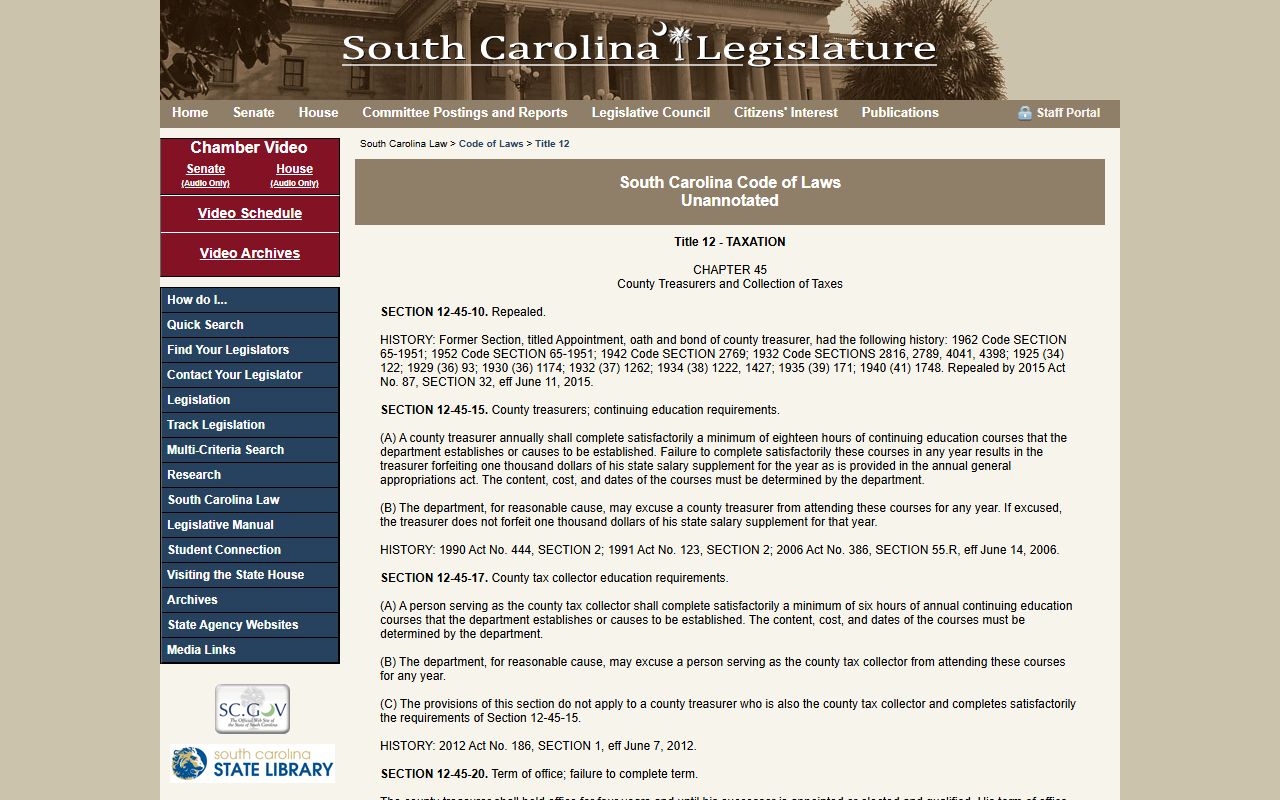 SC Code Chapter 45 county treasurer property tax collection